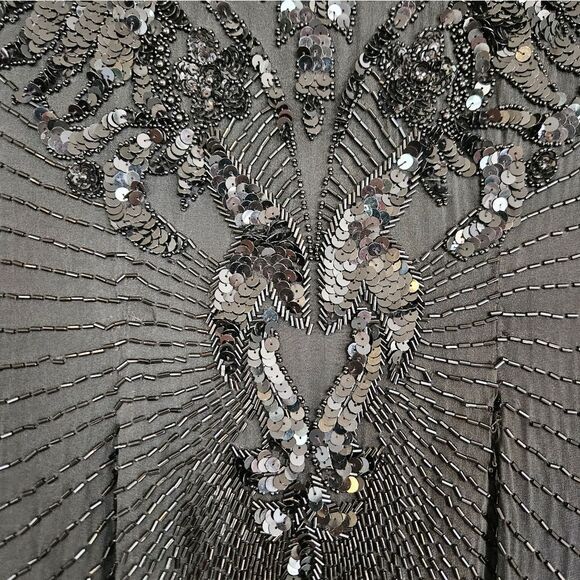 Vintage Cache 100% Silk Black Beaded Art Deco Wiggle '50s Style Flapper Dress 8 - Picture 3 of 14